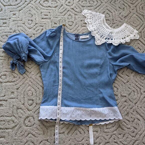 ZARA reworked denim blouse detachable crochet collar and lace edge Small @L - Picture 7 of 10